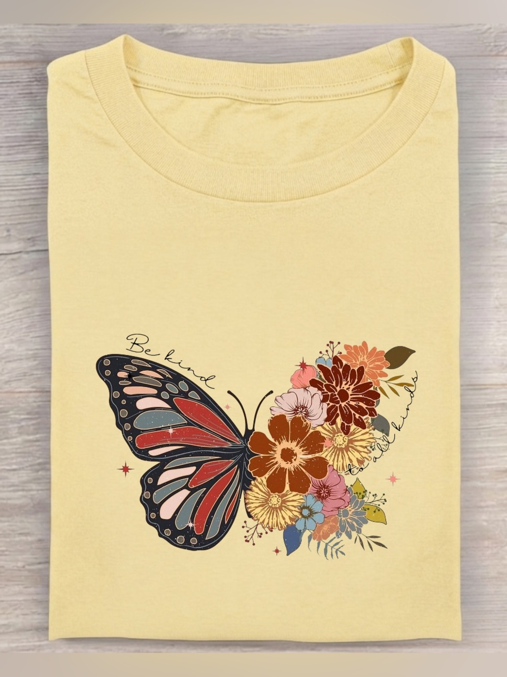Vintage Yellow Tee with Multicolor Butterfly & Floral Graphic